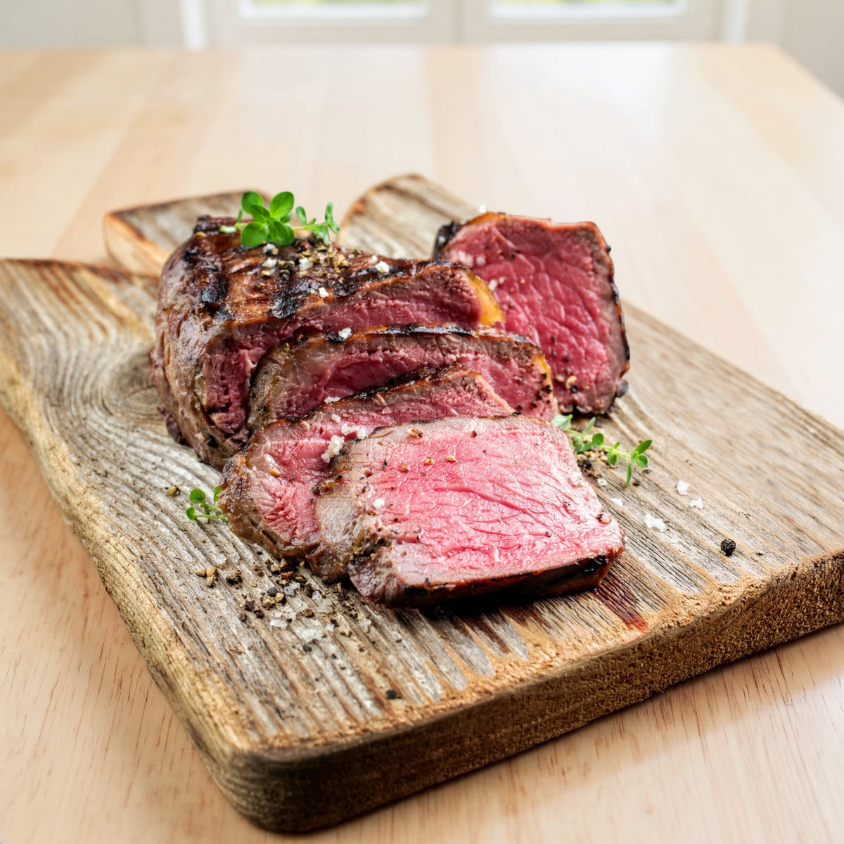 Aufgeschnittenes Hüftsteak auf Holzbrett, heller Holztisch